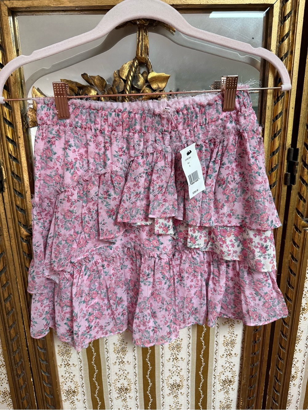 NWT LoveShackFancy Genevieve 100% Silk Mini Skirt Multi Floral Ruffle XS 2